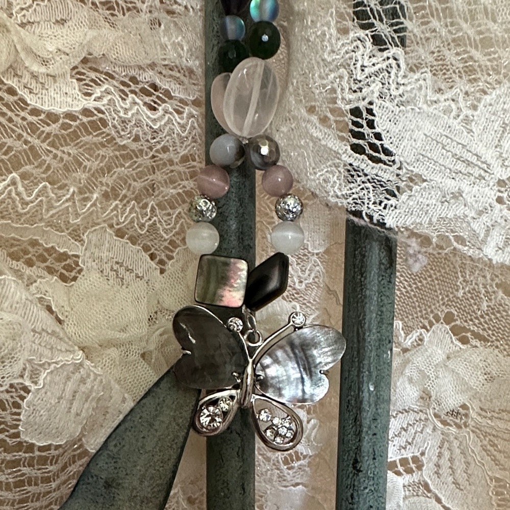 Mystical Mirrors HangCharm (Rose Quartz, Black Iridescent Shell, Canadian Jade) - Picture 8 of 9
